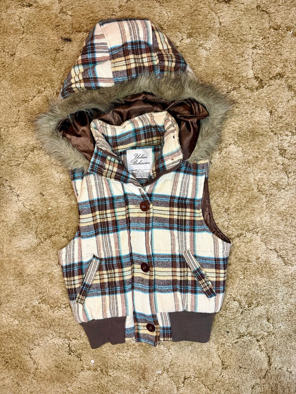 Urban Behavior Plaid Hooded Vest XS Faux Fur Trim Detachable Hood Y2K